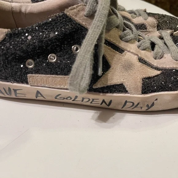 Golden Goose Superstar Women’s 38 (8) Black Glitter Have A Golden Day Sneakers - Picture 2 of 14